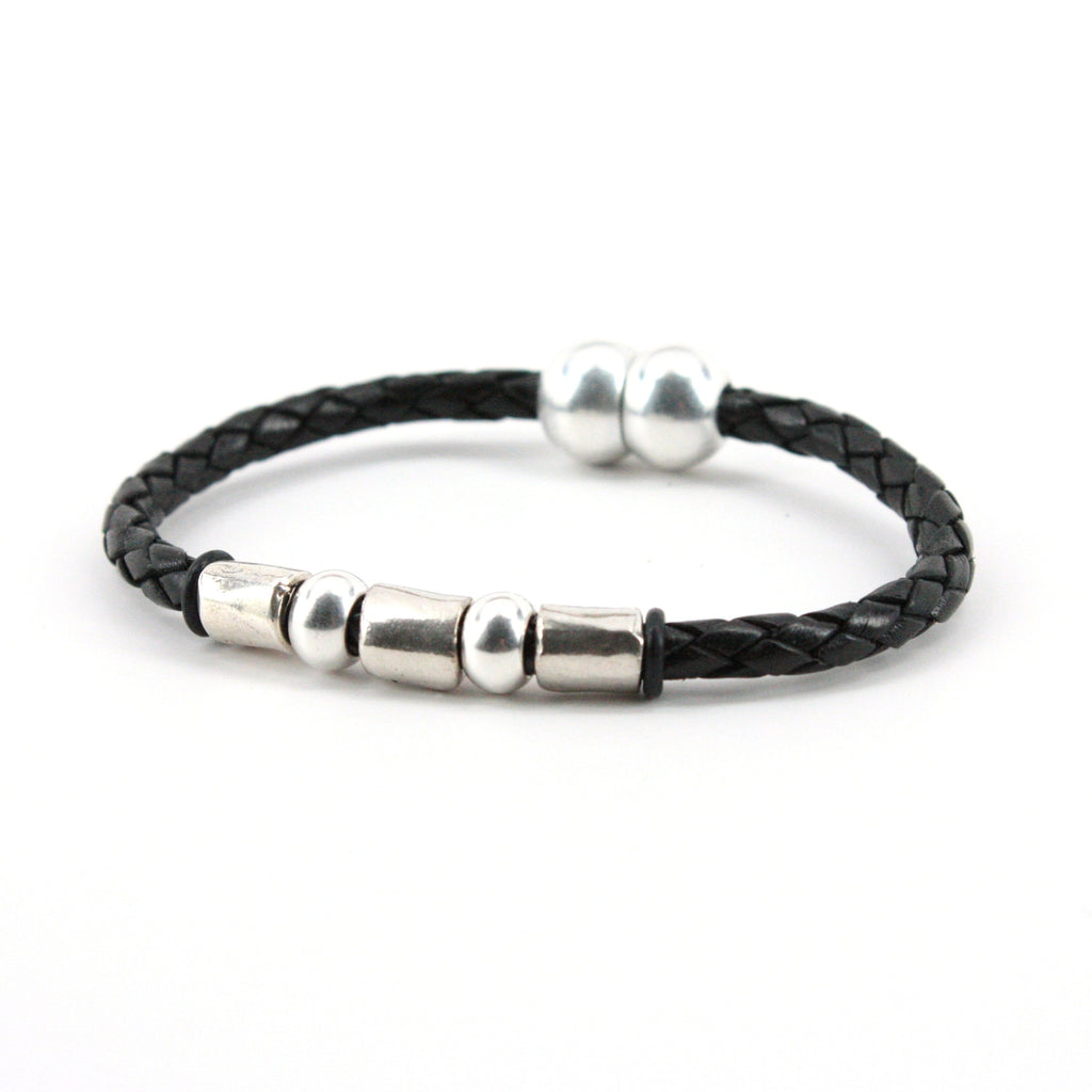 Braided Leather "Andiamo" Bracelet w/Sterling Plate Beads - Black