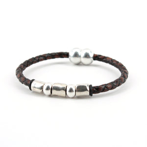 Braided Leather "Andiamo" Bracelet w/Sterling Plate Beads - Brown