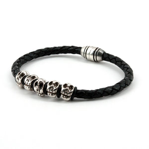 Braided Leather Bracelet w/Skulls - Black