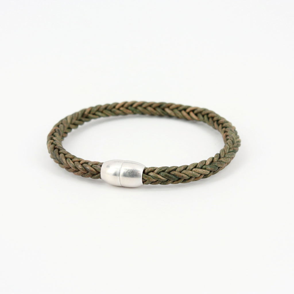 Antiqued Plaited Leather Modo Bracelet - Olive