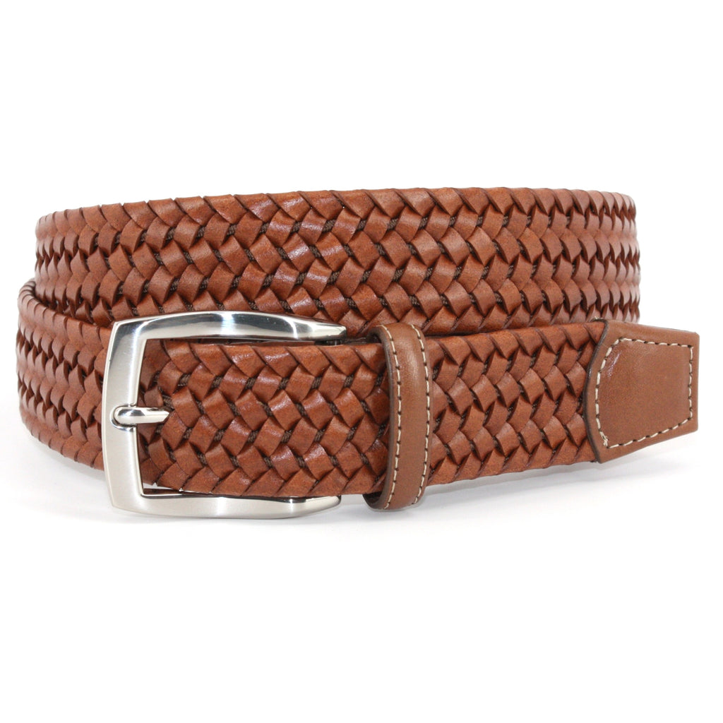 Italian Woven Stretch Leather Belt - Cognac