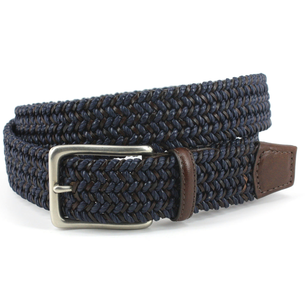 Italian Woven Cotton & Leather Belt - Navy/Brown